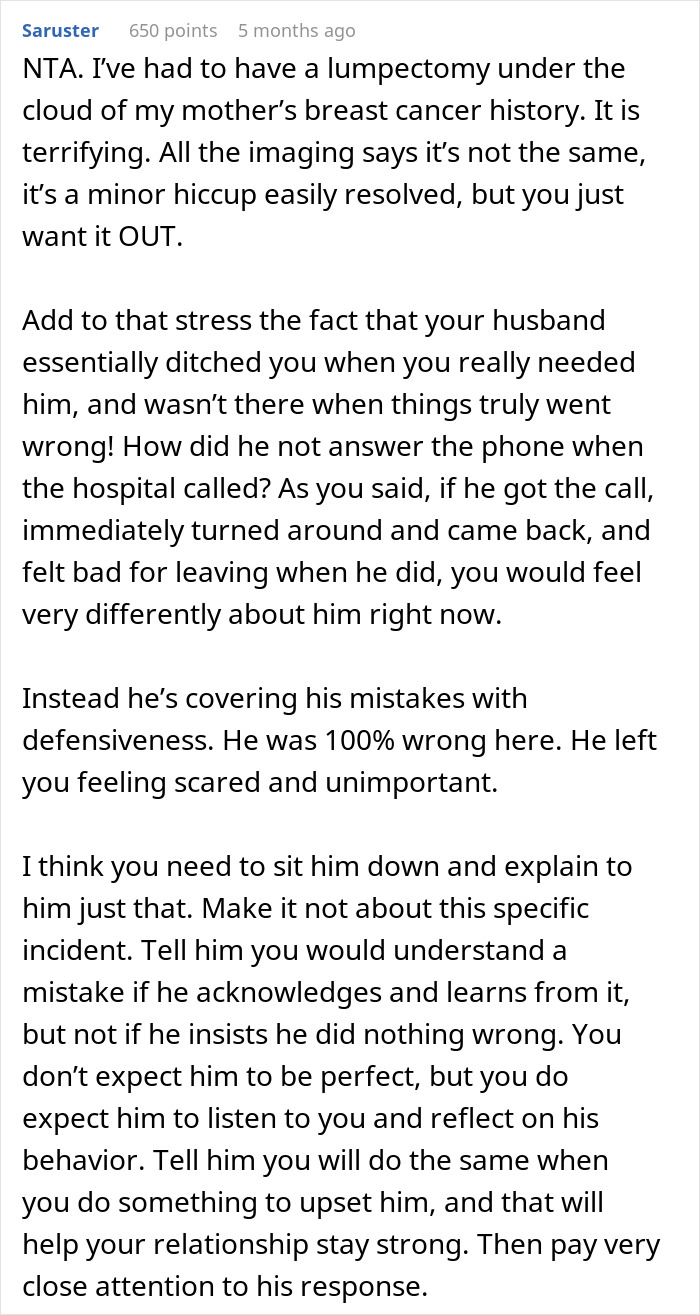 Reddit comment discussing a husband's defensiveness after leaving wife during surgery.