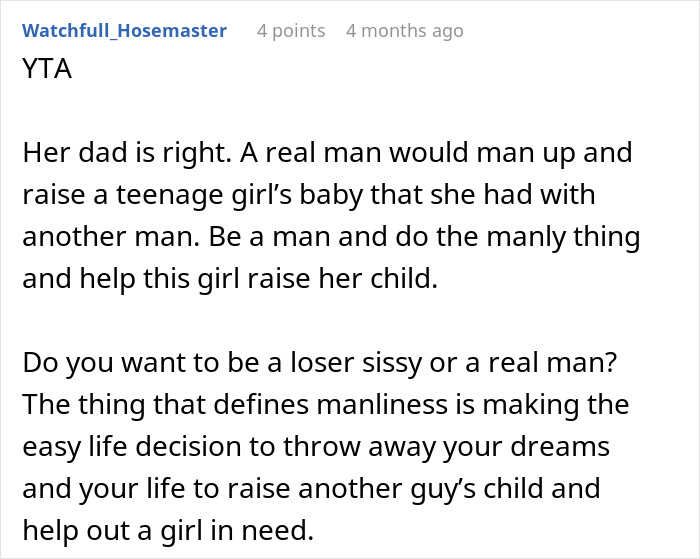 Text screenshot discussing manliness and responsibility in raising a baby not biologically his.