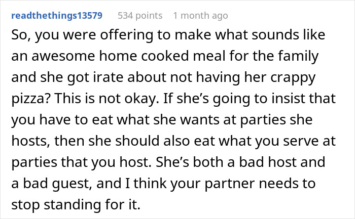 Reddit comment about MIL's reaction to someone disliking her favorite pizza place.