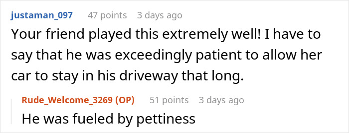 Reddit comments discussing a woman's car parked in a driveway, highlighting patience and pettiness.