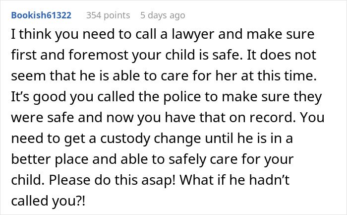 Text comment about a dad unable to handle baby, suggesting legal action for child's safety.