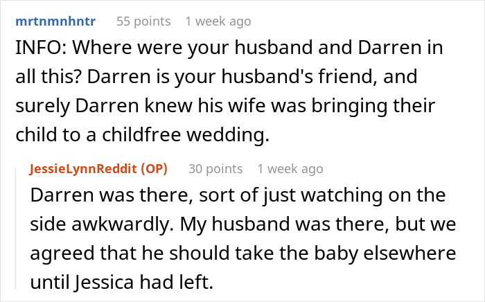 Reddit exchange discussing a husband and child at a child-free wedding; mentions Darren feeling awkward.