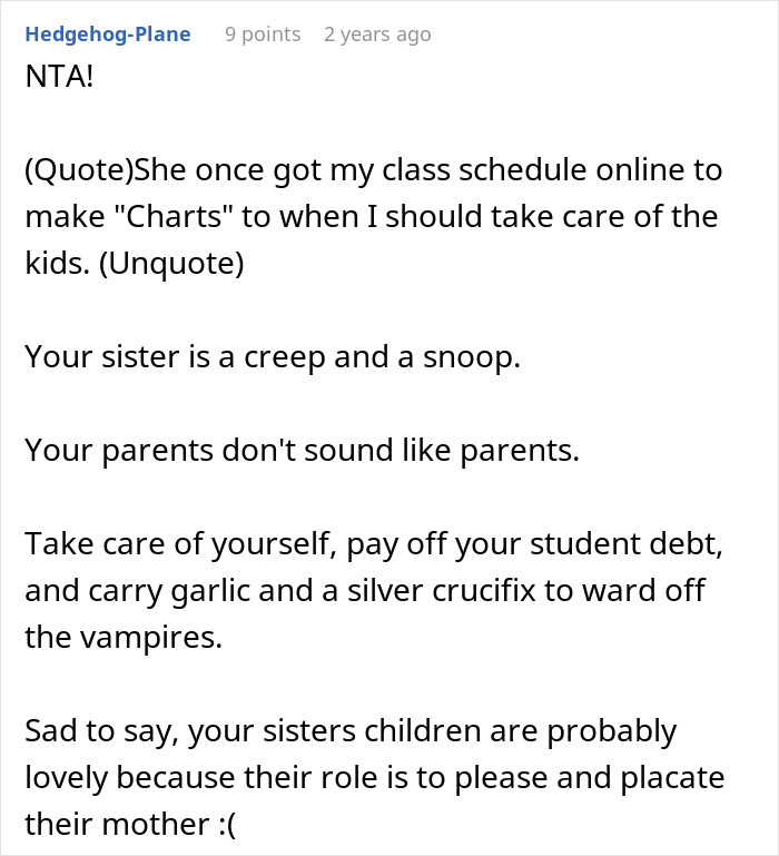 Text screenshot of a Reddit comment about family conflicts and babysitting.