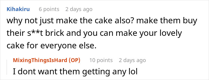 Reddit comments discussing a humorous approach to unwanted birthday cake sharing, related to kids-revenge-sil.