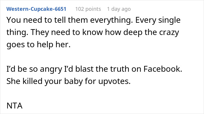 Reddit comment discussing girlfriend baby drama, advising to reveal truth on social media for support.