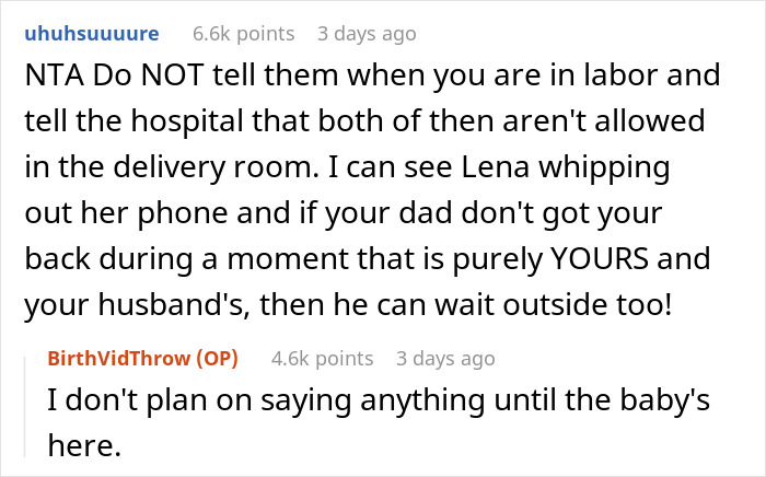 Reddit comment discussing boundaries with father and his girlfriend during childbirth.