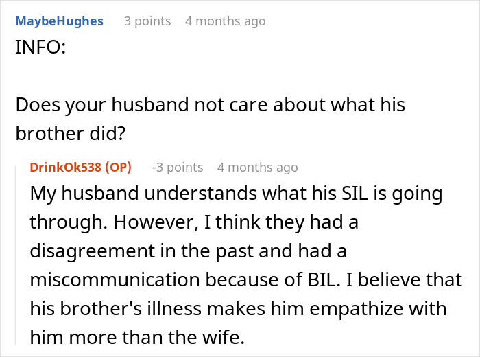 Reddit discussion about husband empathizing with his brother's illness over wife's needs.