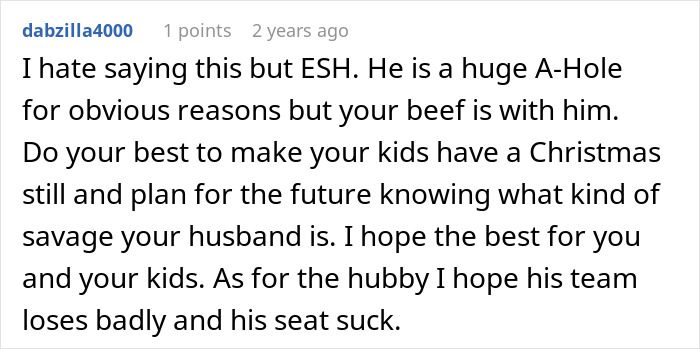 Comment discussing a husband's behavior and wishing the family a good Christmas.