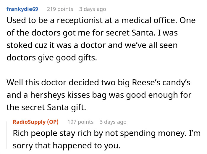 Text exchange about a Secret Santa gift involving a doctor and a disappointing candy gift.