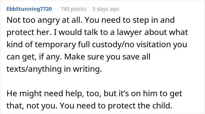 Comment discussing custody advice regarding a dad leaving a baby at ex's door.