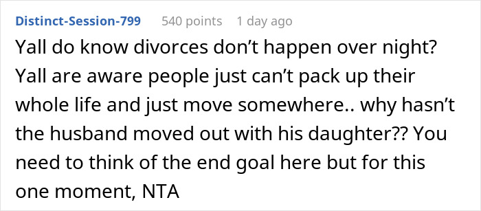 A Reddit comment discussing a wife's refusal to accommodate her husband's affair baby.