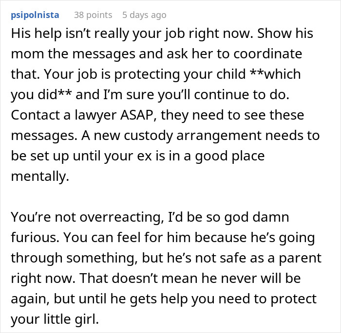 Screenshot of a text exchange discussing custody and protecting a child, with advice to contact a lawyer.