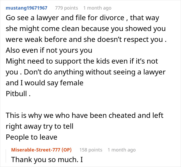 Reddit comment giving advice on dealing with a cheating wife and considering divorce.