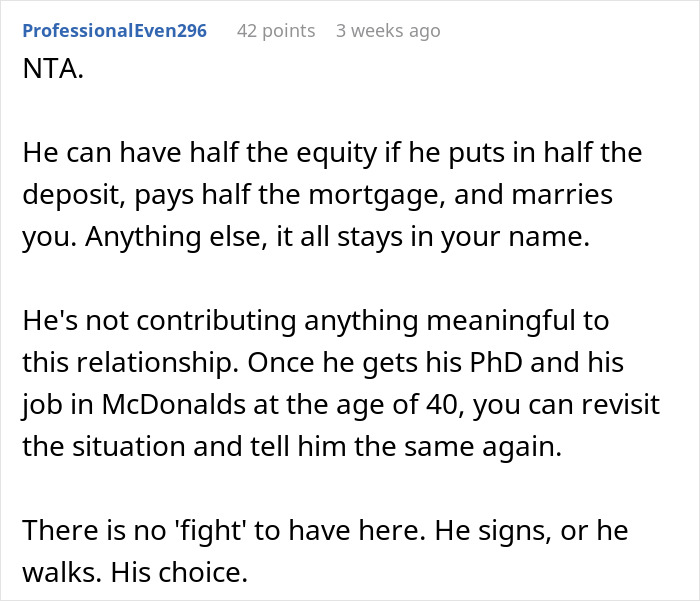 Reddit comment discussing financial aspects of a partner housework exchange in a relationship.