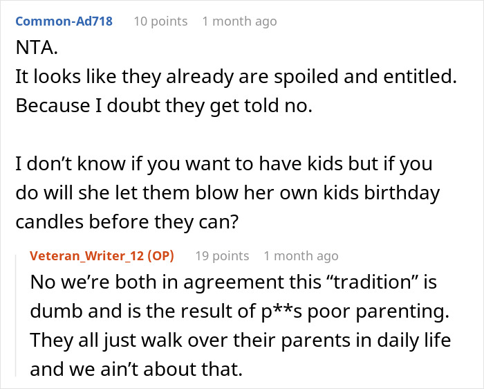 Reddit comments discussing parents letting kids blow out birthday candles and the issue of tantrums.