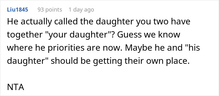 Reddit comment criticizing a husband for not prioritizing his wife and child.