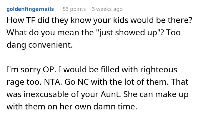 Reddit comment criticizing an aunt for letting nephews see grandparents, sparking drama.