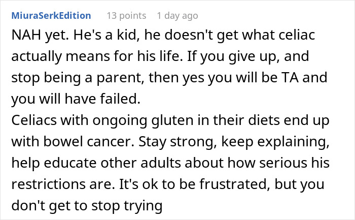 Text urging patience with child’s wheat allergy, emphasizing ongoing gluten risks and encouraging continued parental effort.