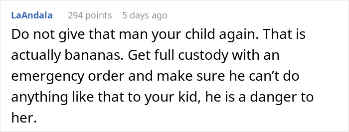 Comment opinion on parental responsibility and child safety in a custody situation.