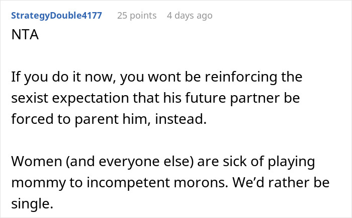 Reddit comment discussing gender roles and chores, with emphasis on failed men and sexist expectations.