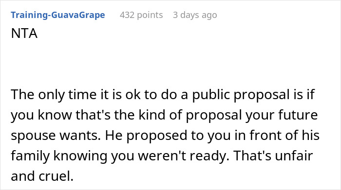 Reddit comment discussing the ethics of public proposals, mentioning an unfair public proposal situation.