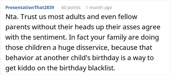 Reddit comment criticizing parents letting kids blow out candles at every party to avoid tantrums.