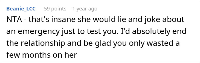 Reddit comment criticizing a girlfriend for lying as a test, suggesting ending the relationship.