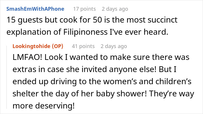 Reddit comments about woman not delivering food for baby shower she was uninvited from.