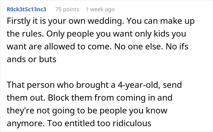 Reddit comment discussing child-free wedding rules and guest entitlement.