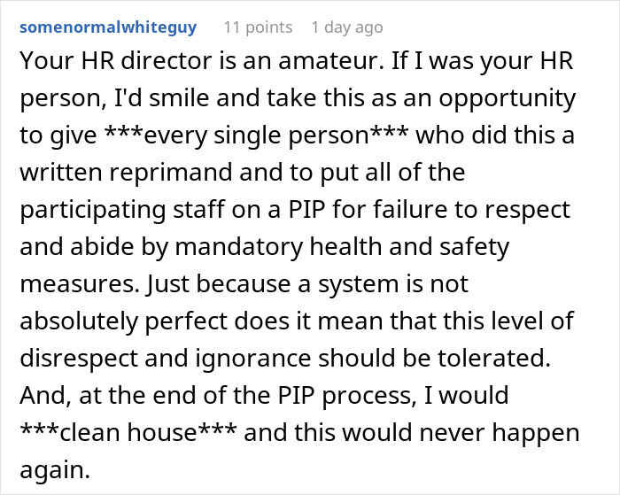 Comment criticizing HR management and suggesting written reprimands for all involved staff.