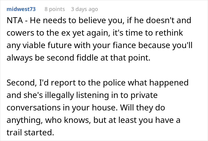 User comment discussing advice on dealing with an ex-wife spying via a Gizmo watch.