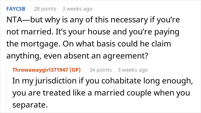 Online discussion about partner housework exchange in relation to cohabitation and property rights without marriage.