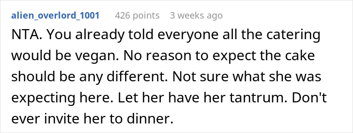 Reddit comment about wedding cake, discussing expectations for vegan catering.