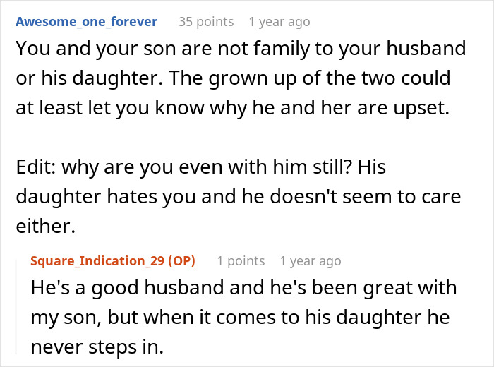 Reddit comments discussing a woman's stepdaughter running away from a costly party.