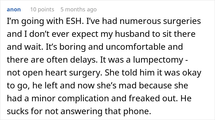 Comment discussing husband's absence during wife's surgery complication.