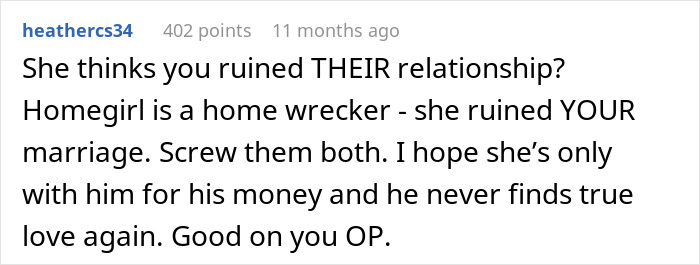 Reddit comment discussing someone being blamed for ruining a marriage and calling someone a homewrecker.