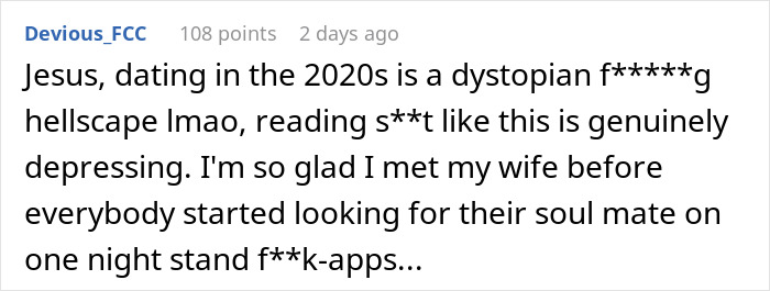 Comment discussing dating challenges in the 2020s, expressing relief in finding a partner before dating apps became prevalent.