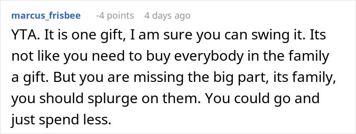 Comment about skipping family Xmas party due to White Elephant gift cost.