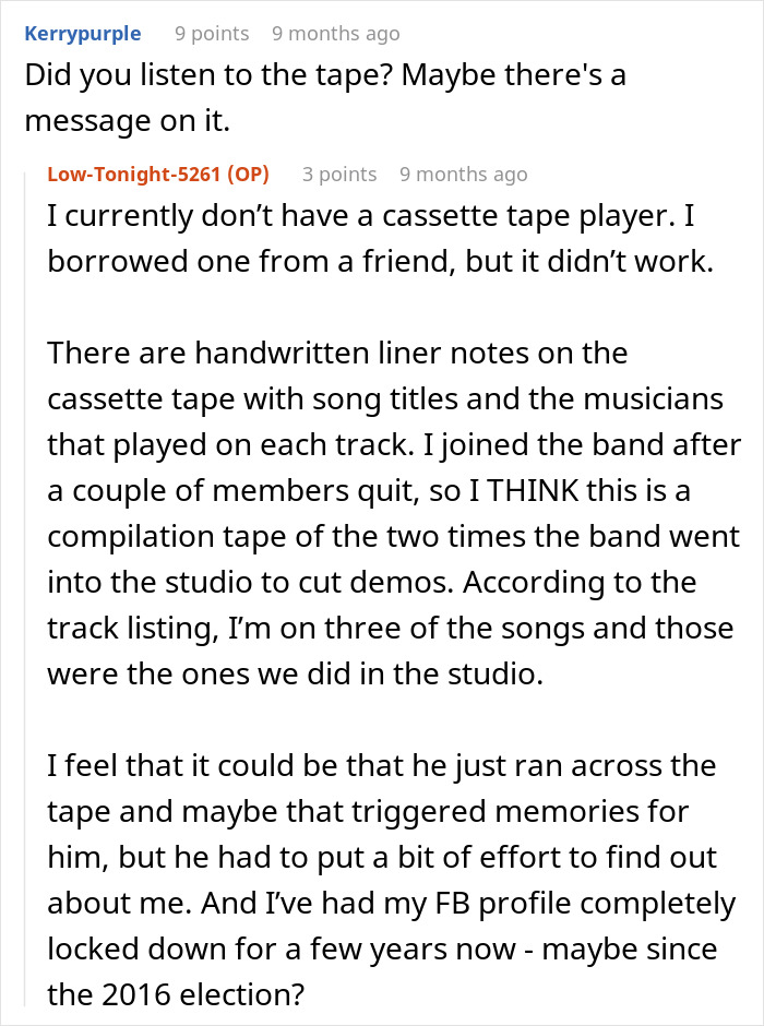 Reddit conversation about a cassette tape and a stalker reemerging from the past.