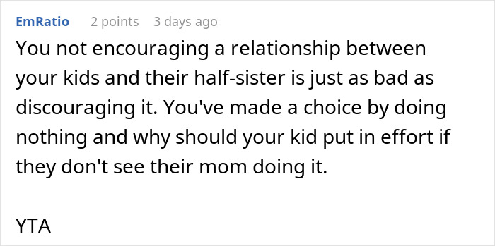 Comment discussing relationship between kids and their half-sister regarding a Christmas gift decision.