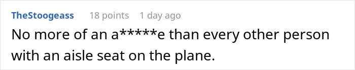 Reddit comment discussing airplane seat preferences and etiquette.