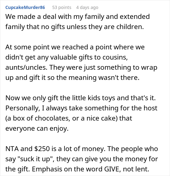 Text discussion about family holiday gift-giving changes and high price tags for White Elephant gifts.