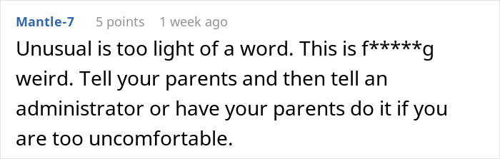 A comment online discussing teacher clocking periods, advising to inform parents and school administrators if uncomfortable.