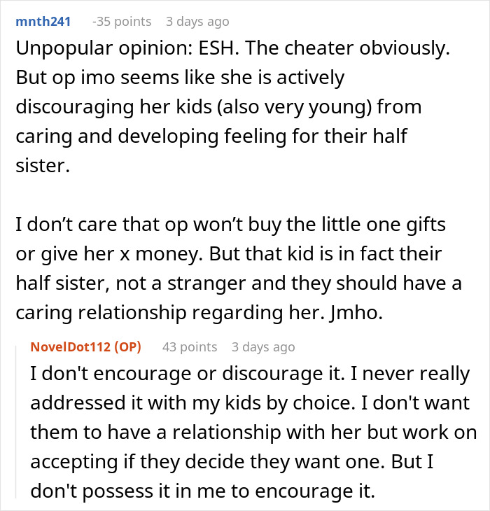 Reddit comments discussing an affair child and the dynamics of family relationships.