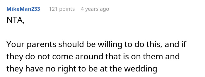 Reddit comment discussing a bride banning her parents from her wedding over mocking the fiancé’s tradition.