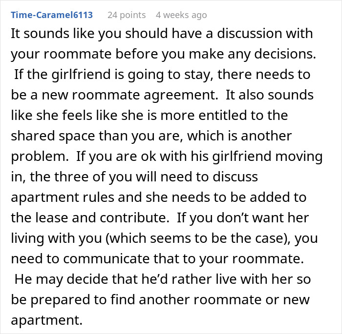 Text message advising on awkward living situation with a roommate's girlfriend moving in.