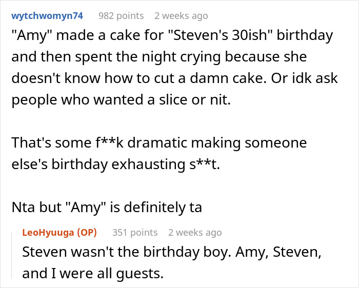 Text exchange about a cake at a friend's birthday party, involving confusion over whose birthday it was.