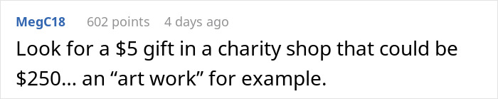 Comment suggesting a cheap white elephant gift from a charity shop.