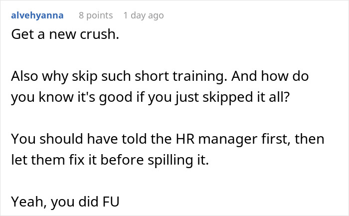 Comment on HR director's mental breakdown over skipped training.