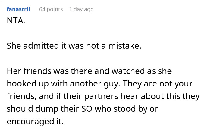 Reddit comment screenshot on refusing to take back a cheating girlfriend.